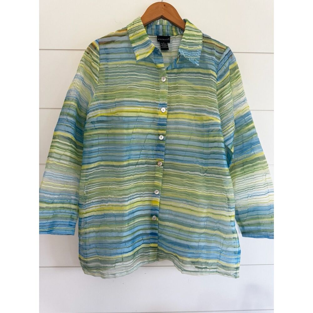 CitiKnits Sheer Striped Blouse Blue Green Yellow Coastal Grandma Y2K Top Beachy